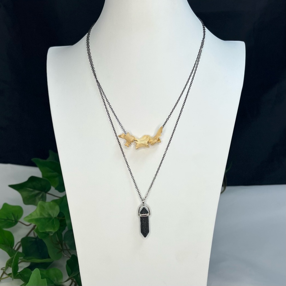 Layered Mink Spine Bones & Lava Stone Crystal Point Necklace